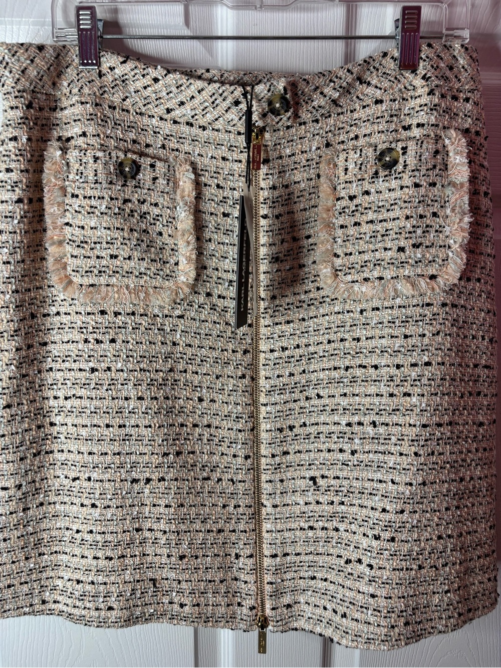 Karl Lagerfeld Paris Tweed Front Zip Fringe Skirt Cream Black NWT Size 14